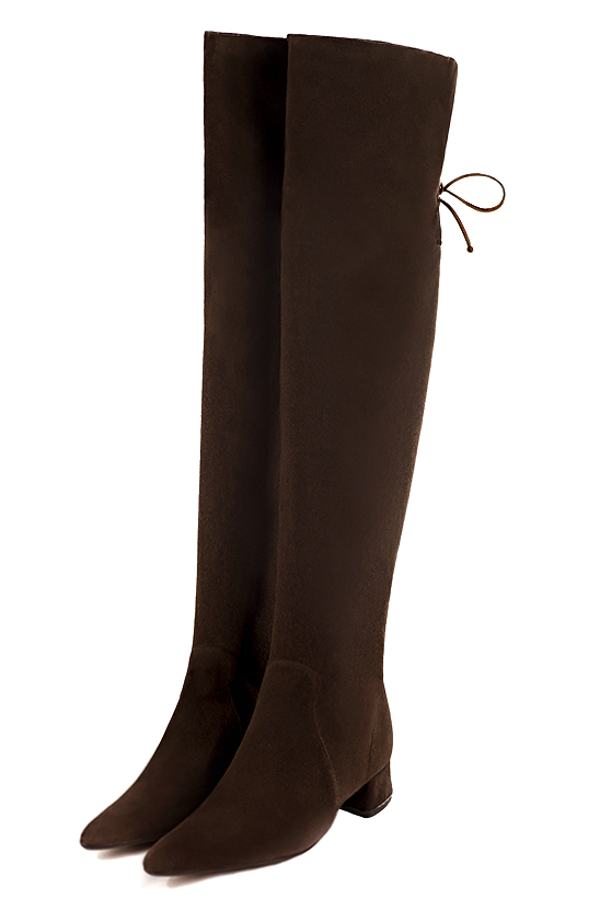 Dark brown leather thigh-high boots. Tapered toe. Low flare heels. Made to measure. Thin or thick calves - Florence KOOIJMAN